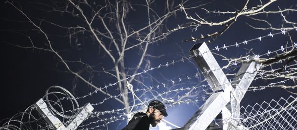 A migrant stands on a border gate as he and other migrants and refugees try to cross the Greek-Macedonian border near the village of Idomeni, Greece, on December 3, 2015. A migrant stands on a border gate as he and other migrants and refugees try to cross the Greek-Macedonian border near the village of Idomeni, Greece, on December 3, 2015. - Sputnik International