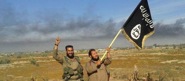 Islamic State militant waves his group's flag as he and another celebrate in Fallujah, Iraq, west of Baghdad - Sputnik International