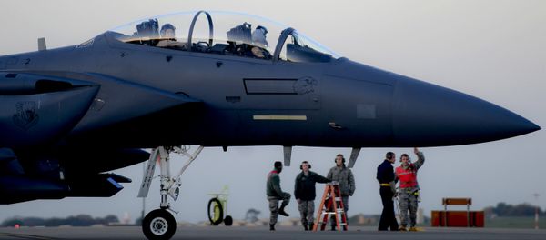 In this image released by the US Air Force (USAF), an F-15E Strike Eagle prepares to depart RAF Lakenheath in the United Kingdom to support Operation Inherent Resolve, on November 12, 2015 In this image released by the US Air Force (USAF), an F-15E Strike Eagle prepares to depart RAF Lakenheath in the United Kingdom to support Operation Inherent Resolve, on November 12, 2015 - Sputnik International