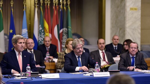 US Secretary of State John Kerry, left, and Italy's Foreign Minister Paolo Gentiloni, center, and UN special envoy for Libya Martin Kobler, right, take part in an international conference on Libya at the Ministry of Foreign Affairs in Rome Sunday, Dec. 13, 2015. US Secretary of State John Kerry, left, and Italy's Foreign Minister Paolo Gentiloni, center, and UN special envoy for Libya Martin Kobler, right, take part in an international conference on Libya at the Ministry of Foreign Affairs in Rome Sunday, Dec. 13, 2015. - Sputnik International