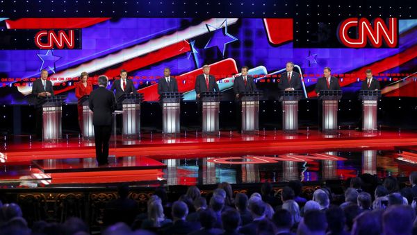 Republican U.S. presidential candidates (L-R) Governor John Kasich, former HP CEO Carly Fiorina, Senator Marco Rubio, Dr. Ben Carson, businessman Donald Trump, Senator Ted Cruz, former Governor Jeb Bush, Governor Chris Christie and Senator Rand Paul participate in the Republican presidential debate in Las Vegas, Nevada December 15, 2015. Republican U.S. presidential candidates (L-R) Governor John Kasich, former HP CEO Carly Fiorina, Senator Marco Rubio, Dr. Ben Carson, businessman Donald Trump, Senator Ted Cruz, former Governor Jeb Bush, Governor Chris Christie and Senator Rand Paul participate in the Republican presidential debate in Las Vegas, Nevada December 15, 2015. - Sputnik International