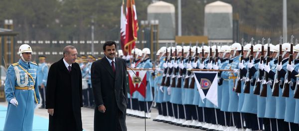 Turkish President Recep Tayyip Erdogan and Qatar's Emir Sheikh Tamim bin Hamad Al-Thani, right, inspect a military honour guard at the new presidential palace in Ankara, Turkey, Friday, Dec. 19, 2014. Turkish President Recep Tayyip Erdogan and Qatar's Emir Sheikh Tamim bin Hamad Al-Thani, right, inspect a military honour guard at the new presidential palace in Ankara, Turkey, Friday, Dec. 19, 2014. - Sputnik International