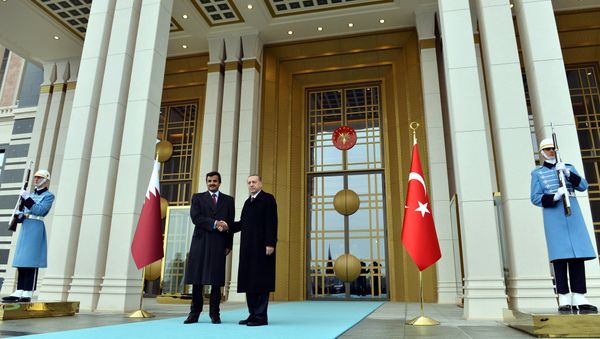 Turkish President Recep Tayyip Erdogan, right, and Qatar's Emir Sheikh Tamim bin Hamad Al-Thani shake hands at the entrance of new presidential palace in Ankara, Turkey, Friday, Dec. 19, 2014 - Sputnik International
