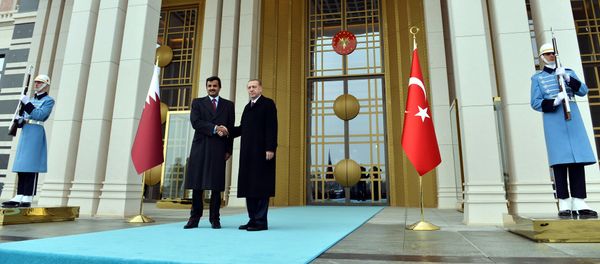Turkish President Recep Tayyip Erdogan, right, and Qatar's Emir Sheikh Tamim bin Hamad Al-Thani shake hands at the entrance of new presidential palace in Ankara, Turkey, Friday, Dec. 19, 2014 Turkish President Recep Tayyip Erdogan, right, and Qatar's Emir Sheikh Tamim bin Hamad Al-Thani shake hands at the entrance of new presidential palace in Ankara, Turkey, Friday, Dec. 19, 2014 - Sputnik International