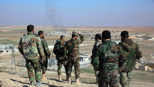 Syrian pro-government fighters look at smoke rising on the horizon following government air strikes on the Tal Sharba area, on the outskirts of the northern Syrian city of Aleppo, after they seized the area from Islamic State (IS) group jihadists on December 27, 2015 Syrian pro-government fighters look at smoke rising on the horizon following government air strikes on the Tal Sharba area, on the outskirts of the northern Syrian city of Aleppo, after they seized the area from Islamic State (IS) group jihadists on December 27, 2015 - Sputnik International