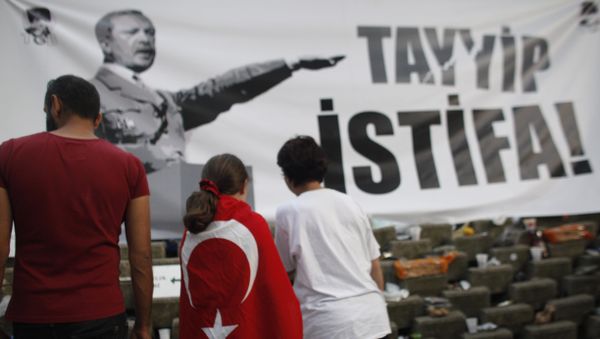 A young protester wearing a Turkish flag stands in front of a banner featuring Turkish Prime Minister Recep Tayyip Erdogan as Adolf Hitler in Gezi park near Taksim square in Istanbul, Friday, June 7, 2013 A young protester wearing a Turkish flag stands in front of a banner featuring Turkish Prime Minister Recep Tayyip Erdogan as Adolf Hitler in Gezi park near Taksim square in Istanbul, Friday, June 7, 2013 - Sputnik International