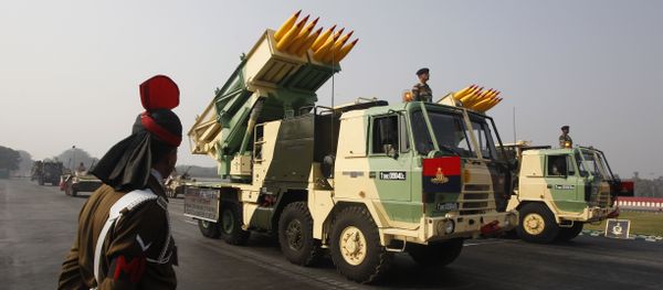 India's Pinaka 214 mm Multi Barrel Rocket Launcher System is displayed during army day parade, in New Delhi, India, Sunday, Jan. 13, 2013 India's Pinaka 214 mm Multi Barrel Rocket Launcher System is displayed during army day parade, in New Delhi, India, Sunday, Jan. 13, 2013 - Sputnik International