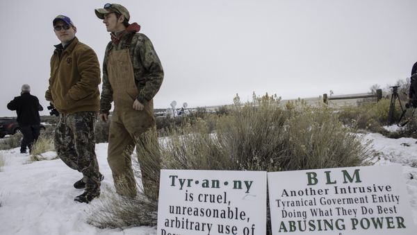 Members of an armed anti-government militia, monitor the entrance to the Malheur National Wildlife Refuge Headquarters near Burns, Oregon. Members of an armed anti-government militia, monitor the entrance to the Malheur National Wildlife Refuge Headquarters near Burns, Oregon. - Sputnik International