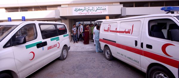 Rescue vehicles outside the hospital in Zliten, some 160 km east of Tripoli Rescue vehicles outside the hospital in Zliten, some 160 km east of Tripoli - Sputnik International