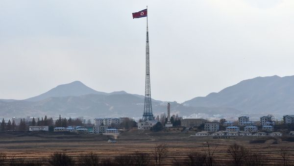 A North Korean flag flutters in the propaganda village of Gijungdong as seen from a South Korean military check point of the truce village of Panmunjom in the Demilitarized Zone dividing the two Koreas on November 12, 2014 A North Korean flag flutters in the propaganda village of Gijungdong as seen from a South Korean military check point of the truce village of Panmunjom in the Demilitarized Zone dividing the two Koreas on November 12, 2014 - Sputnik International