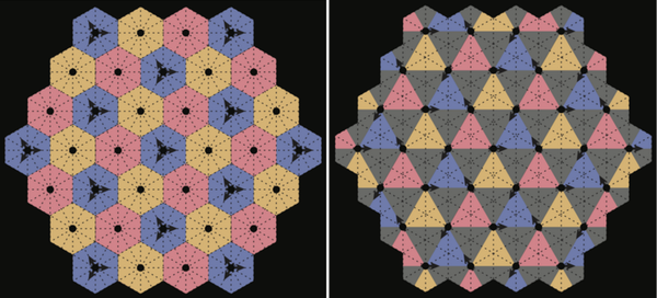 Dance diagram for math geeks. In these two-dimensional choreographic crystals, the arrows show directions of particles, arrayed initially on a triangular lattice, that move in straight lines from blue to yellow to pink - Sputnik International