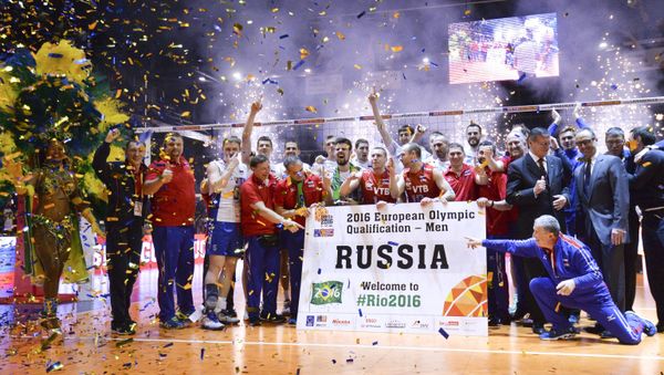 Coaches and athletes of the Russian national men's voleyball team after a victory in a final match of the men's qualification volleyball tournament for the 2016 Olympic Games between France and Russia Coaches and athletes of the Russian national men's voleyball team after a victory in a final match of the men's qualification volleyball tournament for the 2016 Olympic Games between France and Russia - Sputnik International
