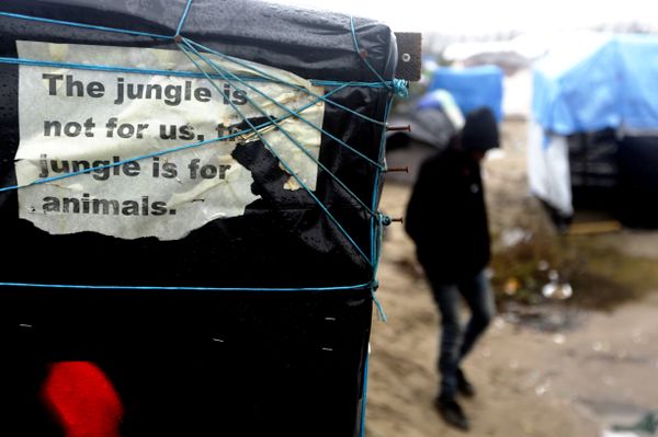 In this Friday, Nov. 6, 2015 file photo, a man walks beside a decomposing poster reading 'The jungle is not for us, the jungle is for animals' fixed by a Sudanese refugee at a tent, inside the migrants camp near Calais, northern France. In this Friday, Nov. 6, 2015 file photo, a man walks beside a decomposing poster reading 'The jungle is not for us, the jungle is for animals' fixed by a Sudanese refugee at a tent, inside the migrants camp near Calais, northern France. - Sputnik International