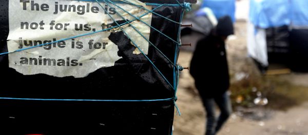 In this Friday, Nov. 6, 2015 file photo, a man walks beside a decomposing poster reading 'The jungle is not for us, the jungle is for animals' fixed by a Sudanese refugee at a tent, inside the migrants camp near Calais, northern France. - Sputnik International