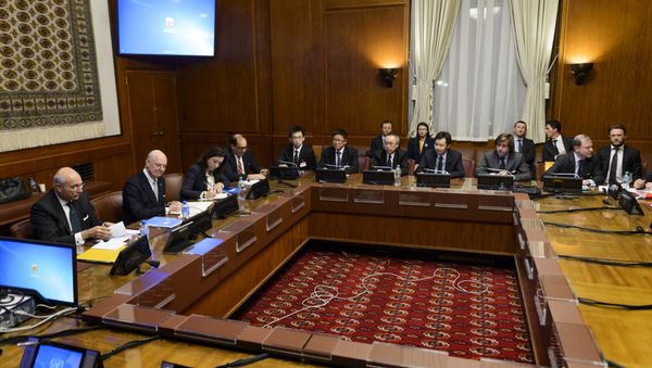 General view at the opening of a meeting between the United Nations Syria envoy Staffan de Mistura (2nd L) and ambassadors from the five permanent members of the UN Security Council on January 13, 2016 at the United Nations Office in Geneva General view at the opening of a meeting between the United Nations Syria envoy Staffan de Mistura (2nd L) and ambassadors from the five permanent members of the UN Security Council on January 13, 2016 at the United Nations Office in Geneva - Sputnik International