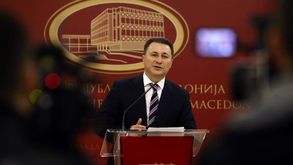 Macedonian Prime Minister Nikola Gruevski announces his resignation in front of the media, at the Government building in Skopje, Macedonia, Thursday, Jan. 14, 2016. Macedonian Prime Minister Nikola Gruevski announces his resignation in front of the media, at the Government building in Skopje, Macedonia, Thursday, Jan. 14, 2016. - Sputnik International