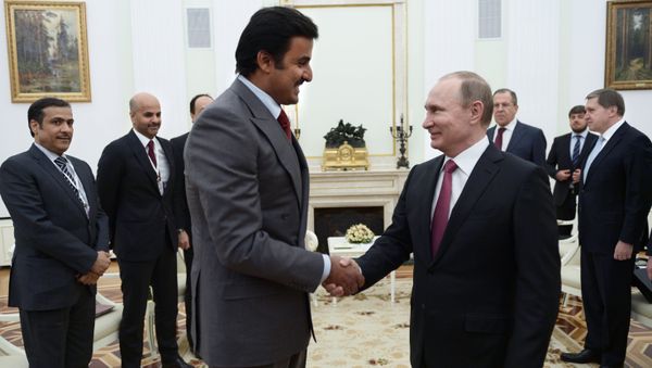 Vladimir Putin during a meeting with Qatari Emir Tamim bin Hamad al-Thani Vladimir Putin during a meeting with Qatari Emir Tamim bin Hamad al-Thani - Sputnik International