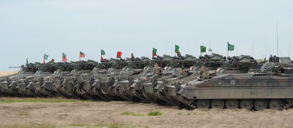 German army tanks line up during the course of the NATO Noble Jump exercise on a training range near Swietoszow Zagan, Poland, June 2015. The German military has seen an increase in deployments for exercises in Eastern Europe and on Russia's borders since the start of the Ukrainian crisis in February 2014. - Sputnik International