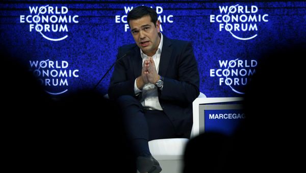 Greek Prime Minister Alexis Tsipras gestures during the session 'The Future of Europe' at the annual meeting of the World Economic Forum (WEF) in Davos, Switzerland January 21, 2016. Greek Prime Minister Alexis Tsipras gestures during the session 'The Future of Europe' at the annual meeting of the World Economic Forum (WEF) in Davos, Switzerland January 21, 2016. - Sputnik International