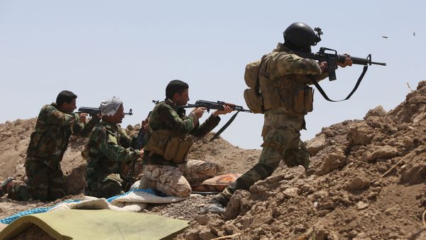 Iraqi soldiers and Shiite fighters from the popular committees hold a post as they fire towards Islamic State (IS) group positions in the Garma district of Anbar province west of the Iraqi capital Baghdad. (File) - Sputnik International