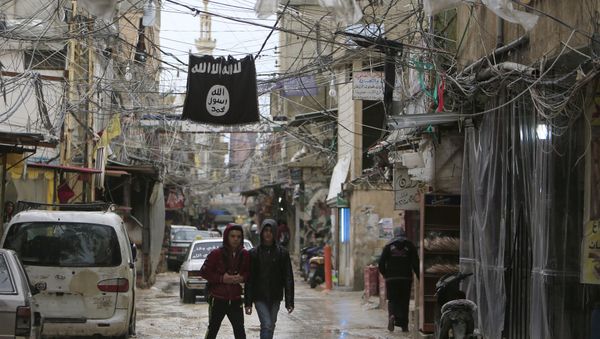 Youth walk under an Islamic State flag in Ain al-Hilweh Palestinian refugee camp, near the port-city of Sidon, southern Lebanon January 19, 2016 - Sputnik International