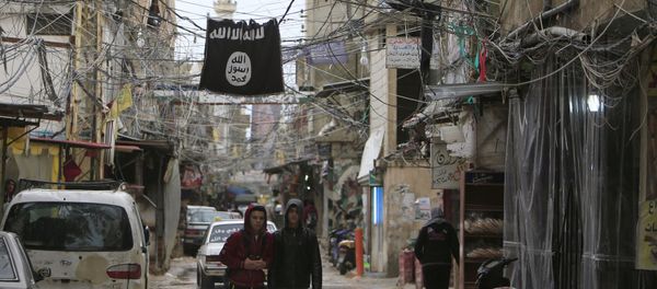 Youth walk under an Islamic State flag in Ain al-Hilweh Palestinian refugee camp, near the port-city of Sidon, southern Lebanon January 19, 2016 - Sputnik International