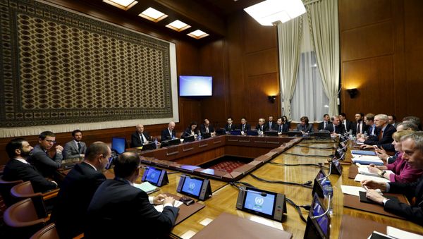 General view of United Nations (U.N.) Special Envoy for Syria Staffan de Mistura attending a meeting on Syria with representatives of the five permanent members of the Security Council (P5) at the United Nations European headquarters in Geneva, Switzerland, January 13, 2016 - Sputnik International