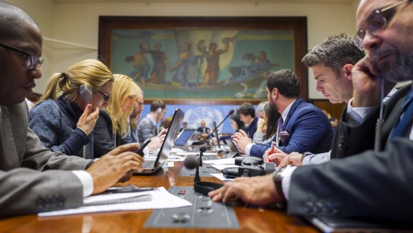 Jounalists attend a breifing at the United Nations Offices on the opening day of Syrian peace talks in Geneva - Sputnik International