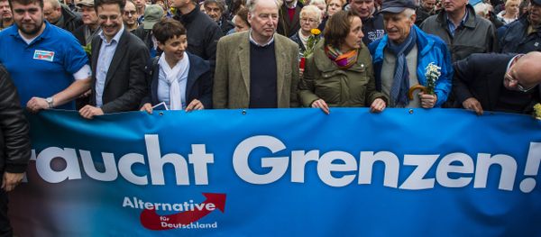 Frauke Petry (3rd, L), chairman of the right-wing populist Alternative for Germany (AfD) party, and the AfD's leading politician Alexander Gauland (4th, L) hold a banner reading Asylum needs limits during a demonstration against the German government's asylum policy organized by the AfD party in Berlin on November 7, 2015. Frauke Petry (3rd, L), chairman of the right-wing populist Alternative for Germany (AfD) party, and the AfD's leading politician Alexander Gauland (4th, L) hold a banner reading Asylum needs limits during a demonstration against the German government's asylum policy organized by the AfD party in Berlin on November 7, 2015. - Sputnik International