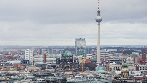 View of the Berlin skyline seen from Potsdamer Platz to Alexanderplatz, including the TV Tower, the Berlin Cathedral (R), the Berlin palace under construction and the city's town hall (Rotes Rathaus, R) - Sputnik International