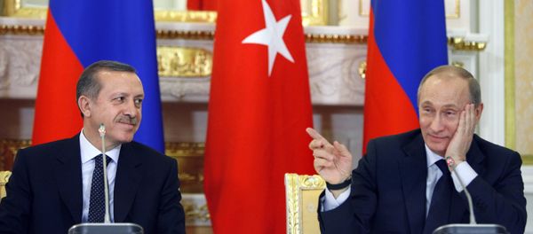Russian Prime Minister Vladimir Putin, right, gestures as Turkish Prime Minister Recep Tayyip Erdogan listens to him on during a joint press conference with in Moscow, Russia, Wednesday, Jan. 13, 2010 - Sputnik International