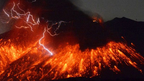 Volcanic lightning is seen at an eruption of Mount Sakurajima, in this photo taken from Tarumizu city, Kagoshima prefecture, southwestern Japan, in this photo taken by Kyodo February 5, 2016 Volcanic lightning is seen at an eruption of Mount Sakurajima, in this photo taken from Tarumizu city, Kagoshima prefecture, southwestern Japan, in this photo taken by Kyodo February 5, 2016 - Sputnik International