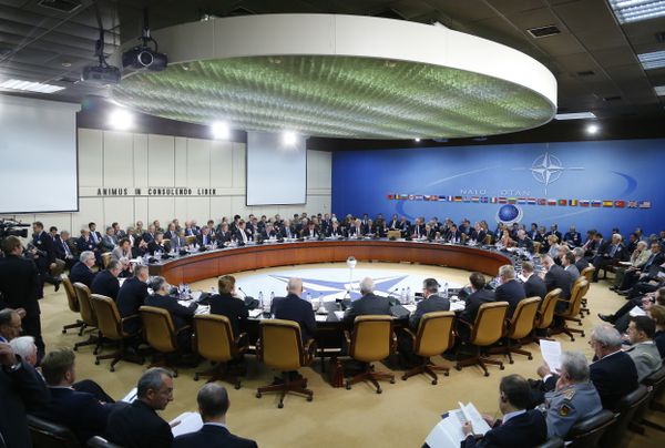 A general view of the table for a meeting of the NATO-Russia Council at the level of defense ministers at NATO headquarters in Brussels. File photo  - Sputnik International