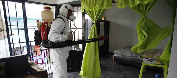 A health worker sprays insecticide inside the home of a woman diagnosed with the Zika virus in Acacias, Colombia - Sputnik International