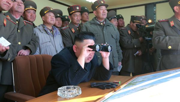 North Korean leader Kim Jong Un uses a pair of binoculars to watch live ammunition firing drills. - Sputnik International