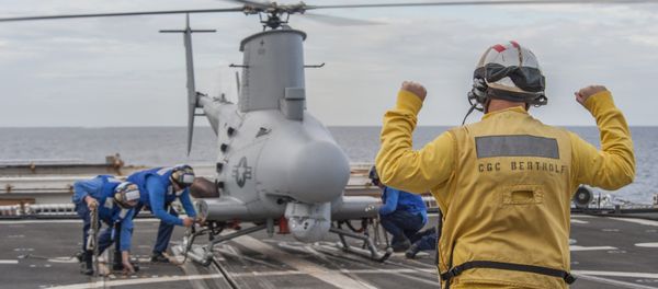 A MQ-8B Fire Scout UAS is tested off the Coast Guard Cutter Bertholf near Los Angeles, Dec. 5, 2014 A MQ-8B Fire Scout UAS is tested off the Coast Guard Cutter Bertholf near Los Angeles, Dec. 5, 2014 - Sputnik International