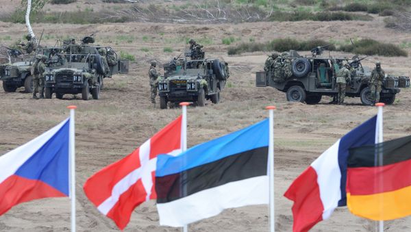 In this June 18, 2015,file photo flags wave in front of soldiers who take positions with their army vehicles during the NATO Noble Jump exercise on a training range near Swietoszow Zagan, Poland In this June 18, 2015,file photo flags wave in front of soldiers who take positions with their army vehicles during the NATO Noble Jump exercise on a training range near Swietoszow Zagan, Poland - Sputnik International
