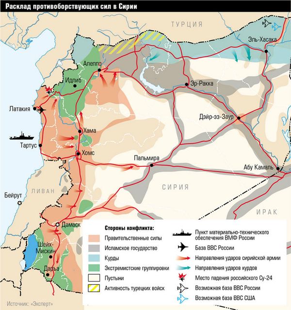 The Balance of Forces in Syria: Legend: (Pink) Government Forces; (Grey) Daesh; (Aquamarine) Kurds; (Green) Militants; (White) Desert; (Yellow Stripes) Activity of Turkish Forces. (Ship) Logistical Support Point of the Russian Navy; (Plane) Russian Air Base; (Red Arrow) Direction of Syrian Army Offensives (Blue Arrow) Direction of Kurdish Offensives; (Downed Plane) Location of the Turkish-Downed Su-24; (Black Plane Outline) Possible Russian Air Base; (Blue Plane Outline) Possible US Air Base The Balance of Forces in Syria: Legend: (Pink) Government Forces; (Grey) Daesh; (Aquamarine) Kurds; (Green) Militants; (White) Desert; (Yellow Stripes) Activity of Turkish Forces. (Ship) Logistical Support Point of the Russian Navy; (Plane) Russian Air Base; (Red Arrow) Direction of Syrian Army Offensives (Blue Arrow) Direction of Kurdish Offensives; (Downed Plane) Location of the Turkish-Downed Su-24; (Black Plane Outline) Possible Russian Air Base; (Blue Plane Outline) Possible US Air Base - Sputnik International