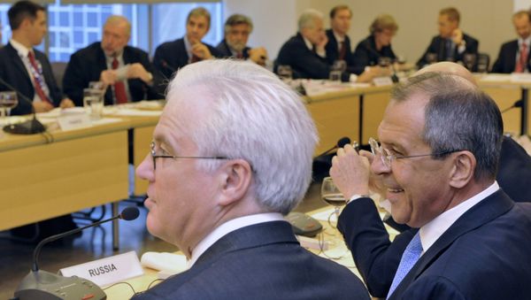From right: Russian Foreign Minister Sergei Lavrov and Vitaly Churkin, Russian ambassador to the UN, at a meeting with 27 EU foreign ministers during the 63rd UN General Assembly session in New York From right: Russian Foreign Minister Sergei Lavrov and Vitaly Churkin, Russian ambassador to the UN, at a meeting with 27 EU foreign ministers during the 63rd UN General Assembly session in New York - Sputnik International