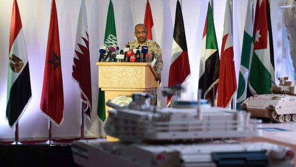Saudi Brigadier General Ahmed Asiri, spokesman of the Saudi-led coalition forces, speaks to the media at the Riyadh airbase in the Saudi capital (File) - Sputnik International