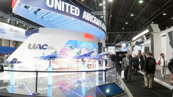 Exhibitor area of the United Aircraft Corporation (UAC) at the 51st International Paris Air Show - Le Bourget 2015 held at Le Bourget Exhibition Centre in France - Sputnik International