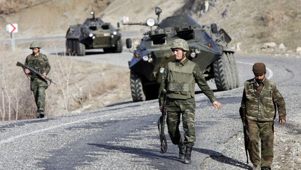 Turkish soldiers patrol a road near the Turkey-Iraq border in the mainly Kurdish southeastern province of Sirnak (File) Turkish soldiers patrol a road near the Turkey-Iraq border in the mainly Kurdish southeastern province of Sirnak (File) - Sputnik International