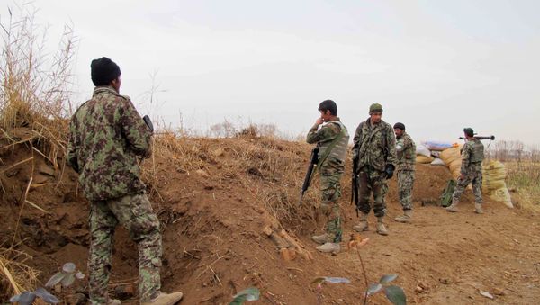 Afghan National Army (ANA) soldiers stand guard during an operation against Taliban militants in the Nad Ali district of Helmand on December 26, 2015 - Sputnik International