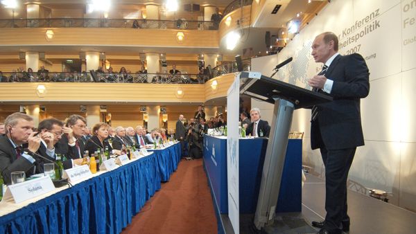 Russian President Vladimir Putin at the 43rd Munich Conference on Security Policy held at the Bayerischer Hof Hotel. File photo - Sputnik International