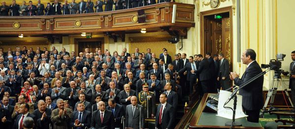 In this photo provided by Egypt's state news agency MENA, Egyptian President Abdel-Fattah el-Sissi, addresses parliament in Cairo, Egypt, Saturday, Feb. 13, 2016 In this photo provided by Egypt's state news agency MENA, Egyptian President Abdel-Fattah el-Sissi, addresses parliament in Cairo, Egypt, Saturday, Feb. 13, 2016 - Sputnik International
