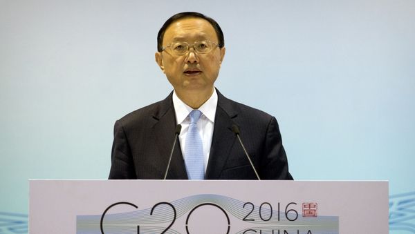 Chinese State Councilor Yang Jiechi speaks at the first 2016 G20 Sherpa Meeting in Beijing on January 14, 2016. The Sherpa Meeting is taking place ahead of the G20 Summit, which will be held in Hangzhou in eastern China's Zhejiang province in September 2016 Chinese State Councilor Yang Jiechi speaks at the first 2016 G20 Sherpa Meeting in Beijing on January 14, 2016. The Sherpa Meeting is taking place ahead of the G20 Summit, which will be held in Hangzhou in eastern China's Zhejiang province in September 2016 - Sputnik International