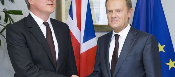 British Prime Minister David Cameron (L) and EU Council President Donald Tusk shake hands prior to their meeting ahead of an EU summit, at the EU Council in Brussels on June 25, 2015. British Prime Minister David Cameron (L) and EU Council President Donald Tusk shake hands prior to their meeting ahead of an EU summit, at the EU Council in Brussels on June 25, 2015. - Sputnik International
