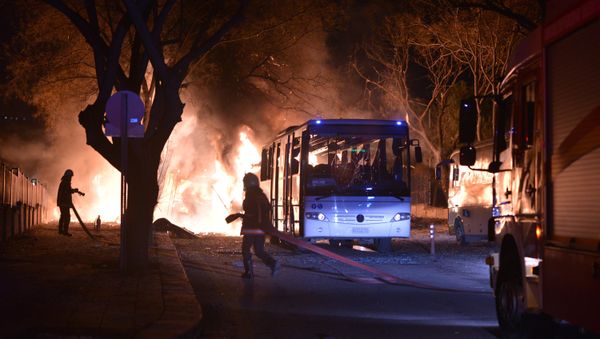 Firefighters try to extinguish flames following an explosion after an attack targeted a convoy of military service vehicles in Ankara Firefighters try to extinguish flames following an explosion after an attack targeted a convoy of military service vehicles in Ankara - Sputnik International