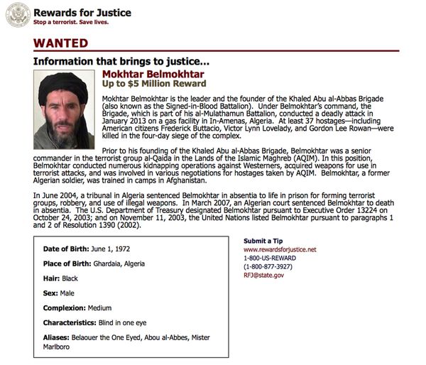 This wanted poster from the website of the US State Department's Rewards For Justice program shows a mugshot of Mokhtar Belmokhtar. This wanted poster from the website of the US State Department's Rewards For Justice program shows a mugshot of Mokhtar Belmokhtar. - Sputnik International