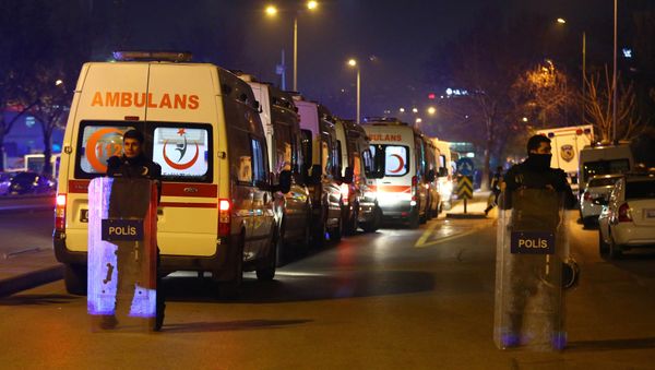 Turkish police secure the site of an explosion after an attack targeted a convoy of military service vehicles in Ankara on February 17, 2016 Turkish police secure the site of an explosion after an attack targeted a convoy of military service vehicles in Ankara on February 17, 2016 - Sputnik International